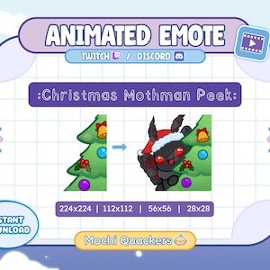 May include: Animated emote graphic featuring a black Mothman wearing a Santa hat, peeking from behind a Christmas tree. The text reads "Christmas Mothman Peek" and "Instant Download". Includes Twitch and Discord logos.