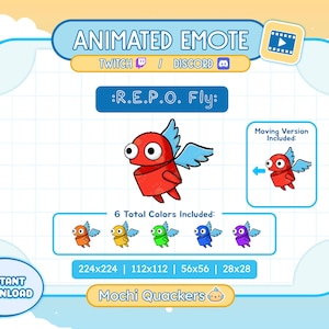 以下が含まれることがあります： TwitchとDiscordのアニメーション絵文字グラフィック。青い翼を持つ赤い漫画のキャラクター「:R.E.P.O. Fly:」が特徴です。アニメーションバージョンと6色のバリエーションが含まれています。サイズは224x224、112x112、56x56、28x28です。
