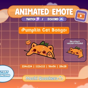 May include: Animated emote graphic featuring a pumpkin-themed cat character. The orange cat has a green stem and is labeled ':Pumpkin Cat Bongo:'. Includes Twitch and Discord logos, along with size specifications and the text 'Instant Download'.