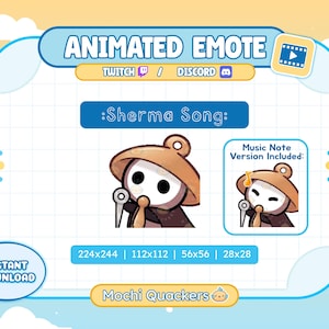 Può includere: Grafica di emote animata per Twitch e Discord, con un personaggio con cappello e mantello marroni, che tiene un microfono. Il testo recita ":Sherma Song:" e "Music Note Version Included:" con opzioni di dimensioni.