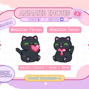 アニメーションバレンタインエモート | Twitch + Discord 用ブラックキャッツキャッチ＆スローハートエモート、4 つの .gif サイズ | マッチングストリームアラート Vday Love