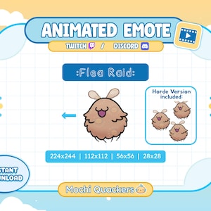 May include: Animated emote graphic for Twitch and Discord, featuring a brown, fluffy creature labeled ":Flea Raid:". Includes a "Horde Version" with multiple creatures. The image is set against a blue and yellow background, with the text "Instant Download".