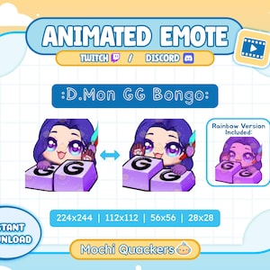 Puede incluir: Un conjunto de emoticonos animados titulado :D.Mon GG Bongo: que muestra a un personaje de pelo morado tocando dos bloques morados con la etiqueta GG. Incluye una versión arcoíris, compatibilidad con Twitch y Discord, y cuatro tamaños: 224x244, 112x112, 56x56 y 28x28 píxeles.