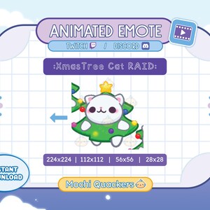 Könnte beinhalten: Animiertes Twitch- und Discord-Emote mit einer weißen Katze, die als Weihnachtsbaum verkleidet ist. Das Emote trägt den Titel "Xmas Tree Cat RAID".