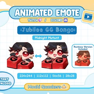 May include: An animated emote set titled Jubilee GG Bongo featuring a character with dark hair and red eyes playing bongo drums labeled with the letter G. Includes a Midnight Mutant version and a Rainbow version in sizes 224x244, 112x112, 56x56, and 28x28.
