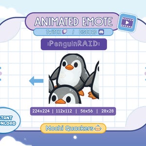 Könnte beinhalten: Animiertes Twitch- und Discord-Emote mit drei Pinguinen, die sich zusammenkuscheln. Das Emote heißt "PenguinRAID" und ist in vier Größen verfügbar: 224x224, 112x112, 56x56 und 28x28. Das Emote ist Teil einer Sammlung namens "Mochi Quackers".