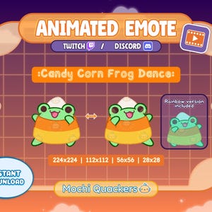 May include: Animated emote graphic featuring a candy corn frog dance. The frog is green with a candy corn costume. Text includes "Animated Emote," "Twitch," "Discord," and "Instant Download." A rainbow version is also included.