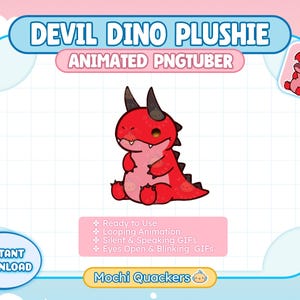 May include: A red cartoon devil dinosaur plushie with black horns and a spiky tail. The image includes the text "DEVIL DINO PLUSHIE ANIMATED PNGTUBER" and "INSTANT DOWNLOAD". Additional text indicates the plushie is ready to use, with looping animation and silent/speaking GIFs.