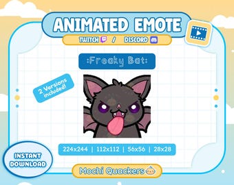 Op de afbeelding: Een geanimeerde emote met een donkergrijze vleermuis met paarse ogen, roze binnenoren en een lange roze tong die uitsteekt. De tekst luidt ANIMATED EMOTE, TWITCH, DISCORD, :Freaky Bat:, 2 Versions included!, 224x244, 112x112, 56x56, 28x28, INSTANT DOWNLOAD en Mochi Quackers.