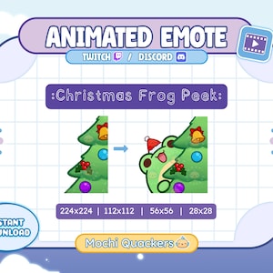 May include: Animated emote graphic featuring a Christmas-themed frog peeking out from behind a Christmas tree. The design includes a frog wearing a Santa hat, a decorated tree, and the text "Christmas Frog Peek." Sizes are listed as 224x224, 112x112, 56x56, and 28x28.