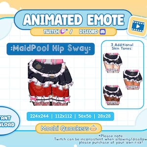 Puede incluir: Gráfico de emote animado para Twitch y Discord, con un diseño "MaidPool Hip Sway". La imagen incluye una ilustración central del emote, que muestra un atuendo negro y rojo con adornos blancos, y tres variaciones adicionales de tonos de piel. El gráfico también incluye el texto "Descarga instantánea".