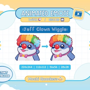Puede incluir: Emoticono animado de Twitch y Discord con un pingüino azul que lleva una peluca de payaso arcoíris y una pajarita rosa. El emoticono se titula "Jeff Clown Wiggle".