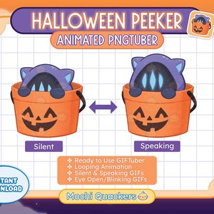 May include: Animated PNGtuber Halloween Peaker character with a blue and purple cat-like head peeking out of a pumpkin bucket. The character is shown in two poses: silent and speaking. The text "HALLOWEEN PEEKER ANIMATED PNGTUBER" is at the top of the image. The text "INSTANT DOWNLOAD" is in a green circle at the bottom left of the image. The text "Mochi Quackers" is at the bottom center of the image.