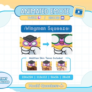 May include: Animated Twitch and Discord emote featuring a purple and yellow cartoon character with a wingman squeeze expression. The emote is available in four sizes: 224x224, 112x112, 56x56, and 28x28. The emote also includes additional skin tones.