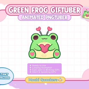 May include: A digital graphic of a green frog holding a pink heart, with heart antennae. The text "GREEN FROG GIFTUBER" and "ANIMATED PNGTUBER" are at the top. The image includes the text "INSTANT DOWNLOAD" and "Mochi Quackers".