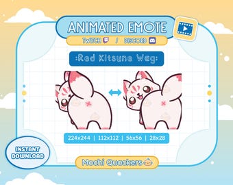 May include: Animated emote of a red kitsune wagging its tail. The emote is available in four different sizes: 224x244, 112x112, 56x56, and 28x28. The emote is designed by Mochi Quackers.