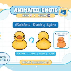 Könnte beinhalten: Animierte Emote-Grafik mit einer sich drehenden gelben Quietscheente. Das Design enthält den Text "Rubber Ducky Spin" und Größenangaben. Eine Regenbogenversion ist ebenfalls enthalten. Für Twitch und Discord.