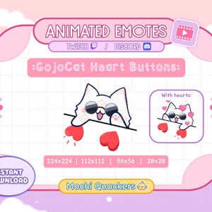 EMOTE ANIMADO de Dia dos Namorados | Emote de botões de coração de gato JJK Gojo para Twitch e Discord, inclui 4 tamanhos .gif | Transmissão fofa de Chibi Gojo Love Bongo