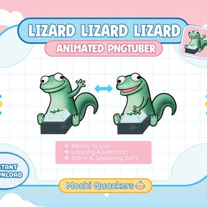 May include: A digital graphic featuring a green lizard character labeled "Animated PNGTuber." The lizard is shown in two poses, sitting on a gray box. Text includes "Ready to Use," "Looping Animation," and "Silent & Speaking GIFs."