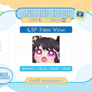 Può includere: Emoticon animata con un personaggio dei cartoni animati con i capelli viola e grandi occhi rosa, con il testo ':LSF Juno Wow:' sopra il personaggio. L'emoticon è disponibile in quattro dimensioni: 224x244, 112x112, 56x56 e 28x28. Il testo 'Mochi Quackers' è sotto l'emoticon.