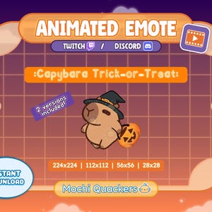 Puede incluir: Gráfico de emote animado con un capibara con sombrero de bruja sosteniendo una calabaza. El texto dice "Animated Emote" y "Capybara Trick-or-Treat". Incluye logotipos de Twitch y Discord. Descarga instantánea.