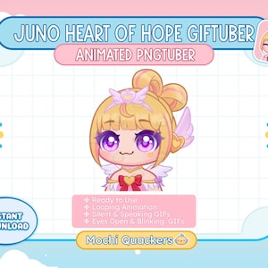 Puede incluir: Avatar PNGtuber animado de una niña con cabello rubio, alas rosadas y blancas y un vestido rosa y amarillo. El avatar sonríe y tiene ojos morados. El texto "Juno Heart of Hope Giftuber" y "Animated PNGtuber" está en la parte superior de la imagen. El texto "Ready to Use", "Looping Animation", "Silent & Speaking GIFs", "Eyes Open & Blinking GIFs" y "Mochi Quackers" está en la parte inferior de la imagen.