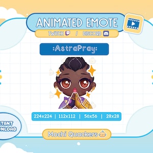 Op de afbeelding: Geanimeerde Twitch- en Discord-emote met een cartoonfiguur met een bruine huid, bruine ogen en kort zwart haar. Het personage draagt een paarse en gouden outfit en heeft een gouden ketting. Het personage houdt zijn handen bij elkaar in een gebedshouding. De emote is beschikbaar in vier formaten: 224x224, 112x112, 56x56 en 28x28. De emote heet "AstraPray" en is gemaakt door Mochi Quackers.