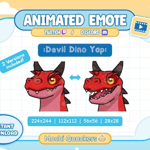 Könnte beinhalten: Animierter Emote-Grafik mit einem roten Teufelsdinosaurier mit schwarzen Hörnern und gelben Augen. Der Text lautet "Animated Emote", "Twitch", "Discord" und ":Devil Dino Yap:". Mehrere Größen sind angegeben, zusammen mit "Sofort-Download".