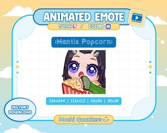 May include: Animated emote graphic featuring a cartoon mantis with purple eyes eating popcorn. The image includes the text "Animated Emote", "Twitch", "Discord", and "Mantis Popcorn". The image is available in multiple sizes, including 224x244 and 112x112.