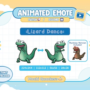 May include: Animated emote of two green lizards dancing, with a rainbow version. The image includes the text ":Lizard Dance:" and "Mochi Quackers". The emote is available in various sizes, including 224x244 and 28x28 pixels.