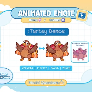 Puede incluir: Gráfico de emote animado con dos dibujos de pavo bailando, con una versión arcoíris incluida. El texto dice "Animated Emote" y ":Turkey Dance:" con logotipos de Twitch y Discord. Tamaños: 224x244, 112x112, 56x56 y 28x28 píxeles.