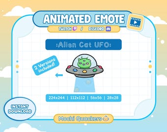 Puede incluir: Gráfico de emote animado con un gato alienígena verde en un OVNI. El diseño incluye el texto ":Alien Cat UFO:" y está disponible en varios tamaños. La imagen también incluye el texto "INSTANT DOWNLOAD" y "Mochi Quackers".
