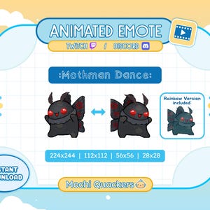 Op de afbeelding: Geanimeerde emote met een cartoon Mothman-personage in een danshouding. De emote is zwart met rode ogen en vleugels met patronen. Een regenboogversie is inbegrepen. Tekst op de afbeelding luidt "Animated Emote", "Twitch / Discord" en ":Mothman Dance:"
