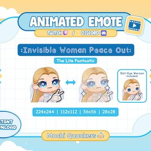 Emote ANIMADO Rivals / Emote Paz de la Mujer Invisible de Life Fantastic / Emojis de Twitch y Discord, 4 tamaños de GIF / Linda Chibi Sue Storm Bye