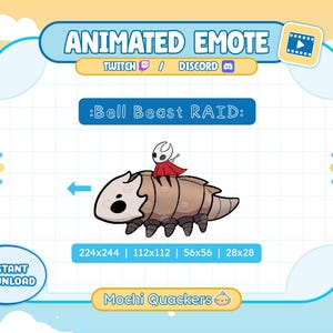May include: Animated emote graphic featuring a cartoonish creature with a rider, labeled ":Bell Beast RAID:". The design includes a blue arrow, and the text "INSTANT DOWNLOAD" and "Mochi Quackers".