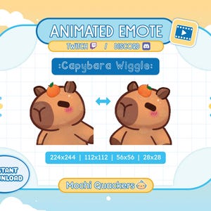 Peut inclure: Émoticône animée pour Twitch et Discord représentant un capybara brun avec une petite orange sur la tête. L'émoticône est intitulée "Capybara Wiggle" et est disponible en quatre tailles : 224x244, 112x112, 56x56 et 28x28. L'émoticône est conçue par Mochi Quackers.