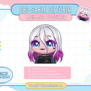 Może przedstawiać: Animowana grafika PNGTuber z wystylizowaną postacią z białymi włosami, fioletowymi końcówkami i dużymi niebieskimi oczami. Postać ma małe czarne serce na policzku. Tekst zawiera "DBD SABLE GIFTUBER" i "ANIMATED PNGTUBER".