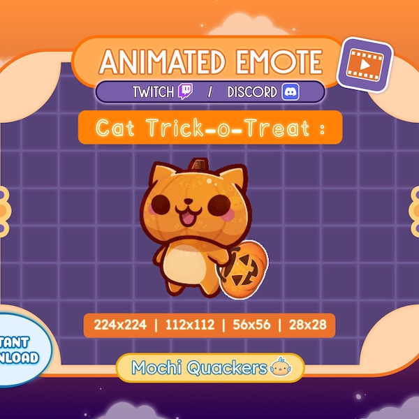 Emote de Halloween ANIMADO / Emote de calabaza de gato pidiendo dulces / Emoji de alerta de incursión de Twitch y Discord de gatito naranja