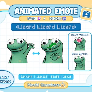 May include: Animated emote graphic of a green lizard with big eyes. Text includes "Animated Emote" and ":Lizard Lizard Lizard:". Versions with a heart and blank are shown. Instant download available. Mochi Quackers.