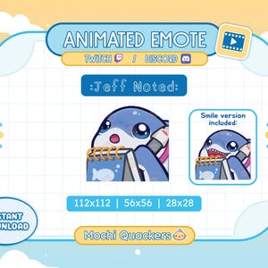 ANIMATED Rivals Emote | Jeff Noted Emote for Twitch Stream & Discord, 3 gif sizes | Cute Kawaii Chibi Jeff the Land Shark Take Notes Meme