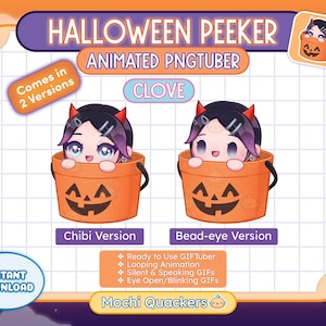 May include: Animated Halloween PNGtuber character with a chibi and bead-eye version. The character is a girl with purple hair and red horns, peeking out of a jack-o'-lantern bucket. The text "CLOVE" is visible in the image.