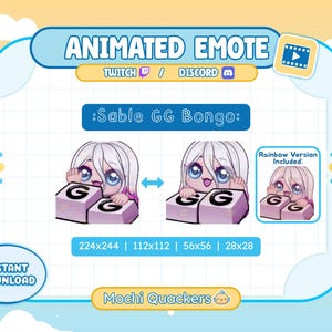 Może przedstawiać: Animowana grafika emotikonów dla Twitch i Discord, przedstawiająca uroczą postać w stylu anime z białymi włosami i niebieskimi oczami. Postać wchodzi w interakcję z dwoma fioletowymi blokami z literami "GG". Zawiera wersję tęczową. Tekst: "Animowany emotikon" i "Natychmiastowe pobieranie".