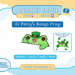 Pode incluir: Emoticon animado de um sapo verde usando um chapéu verde com uma fivela dourada, segurando um bongo. O sapo está sorrindo e tem olhos grandes e pretos. O emoticon está disponível em quatro tamanhos: 224x244, 112x112, 56x56 e 28x28. O texto "St Patty's Bongo Frog" está escrito acima do sapo. O texto "Clover Version included" está escrito em uma caixa à direita do sapo. O texto "Mochi Quackers" está escrito abaixo do sapo.
