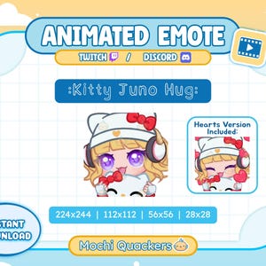 May include: Animated emote design with a cartoon character with blonde hair, purple eyes, and a white hat with a red bow. The text "Kitty Juno Hug" is displayed, along with size dimensions. Includes a "Hearts Version".