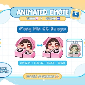 Może przedstawiać: Animowana emotka dla Twitch i Discord z postacią z kreskówki w różowej bluzie z kapturem, trzymającą różowe bloki z literą "G". Tekst brzmi ":Feng Min GG Bongo:" i "Rainbow Version included:"