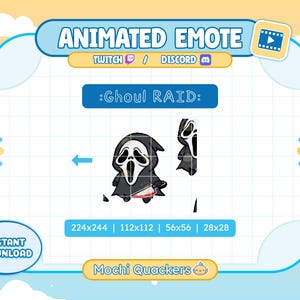 Puede incluir: Emoticón animado con un personaje de dibujos animados de Ghostface sosteniendo un cuchillo ensangrentado. El emoticón está en un marco azul y blanco con el texto "Animated Emote" y ":Ghoul RAID:". Incluye tamaños 224x244, 112x112, 56x56 y 28x28.