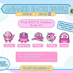 May include: A pink animated emote bundle for Twitch and Discord. The bundle includes five animated emotes with four different sizes: 224x224, 112x112, 56x56, and 28x28 pixels. The emotes feature a pink creature with different expressions, including dancing, yawning, playing a bongo, falling, and leaving.