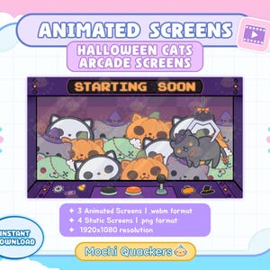 Op de afbeelding: Digitale geanimeerde schermen met Halloween-thema katten in een arcade-omgeving. Het ontwerp bevat verschillende kattenpersonages verkleed als pompoenen, heksen en geesten. De tekst "STARTING SOON" wordt boven de katten weergegeven. De tekst "Animated Screens", "Halloween Cats" en "Arcade Screens" is ook aanwezig.