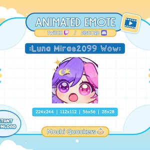 Könnte beinhalten: Animiertes Emoji mit einer Cartoon-Figur mit lila und rosa Haaren, großen Augen und einem überraschten Ausdruck. Das Emoji ist mit "Luna Mirae2099 Wow" betitelt und in verschiedenen Größen erhältlich, darunter 224x244, 112x112, 56x56 und 28x28 Pixel. Das Emoji ist mit "Mochi Quackers" gekennzeichnet.