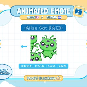 ANIMATED Emote | Green Alien Cat Raid Emote | Twitch & Discord Emoji, 4 .gif sizes | Chibi Kitty Glerm Glorp Stream Raid Alert UFO
